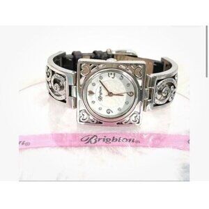 Brighton "IRVINE" Silver Plate Crystal Scroll Watch Black Leather New Battery